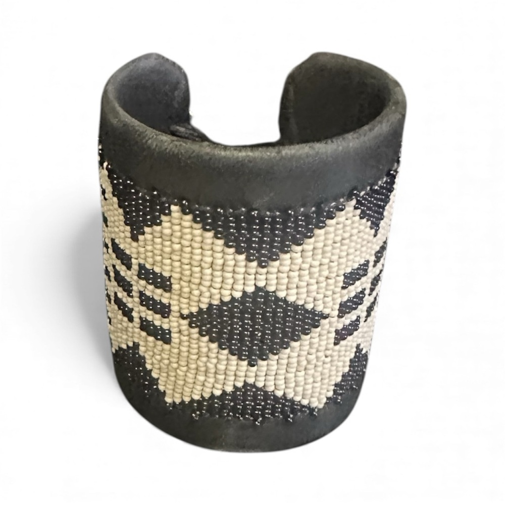 Black and White Beaded Fringe Chili Rose Cuff Bracelet